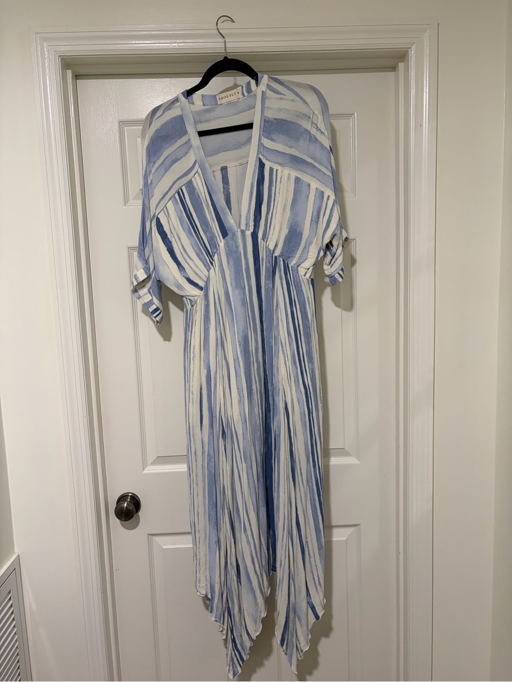 Striped V-Neck High-Low Maxi Dress in Light Blue and White